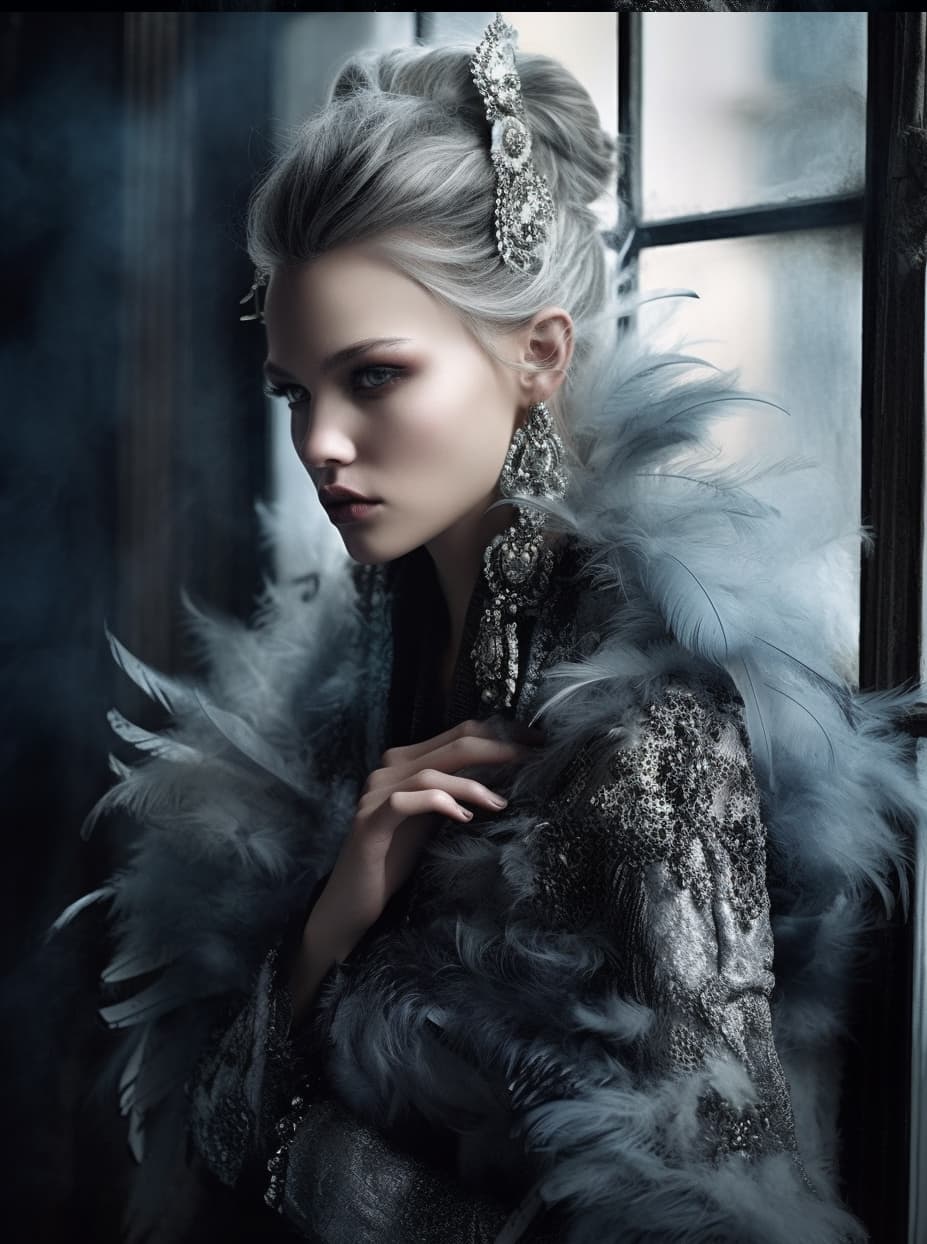 AI generated: beautiful woman mysterious oracle, incredible detailed, insanely ornamented with baroque silver deco...