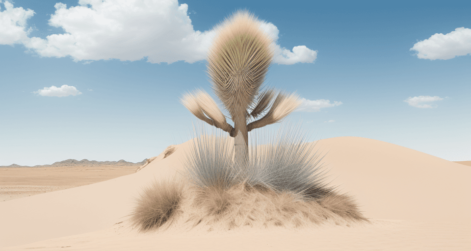 AI generated: 
hyperrealistic photo of a dry yucca, in dunes, blue sky, few clouds