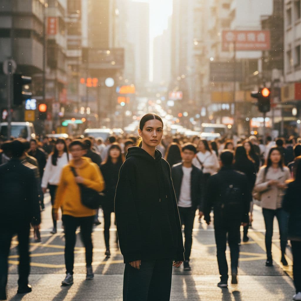 AI generated: photography, candid shot, far range angle, capturing the urban vibe, single focused professional fem...