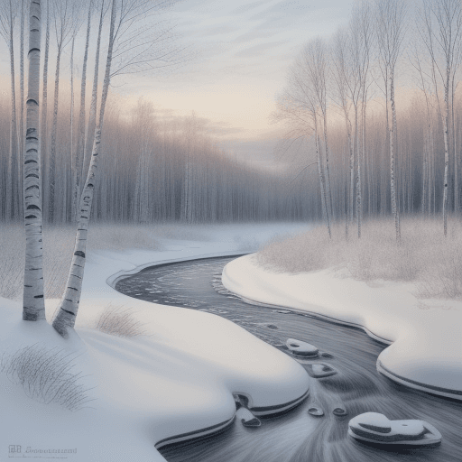 AI generated: Create a stunning Finnish landscape, in winter, pencil drawn. There is a big birch forest on the sid...