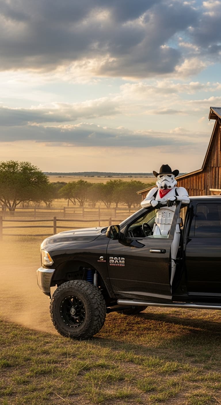 AI generated: stormtrooper in texas ranch wearing a black cowboy hat and red bandana around his neck, in a dodge r...