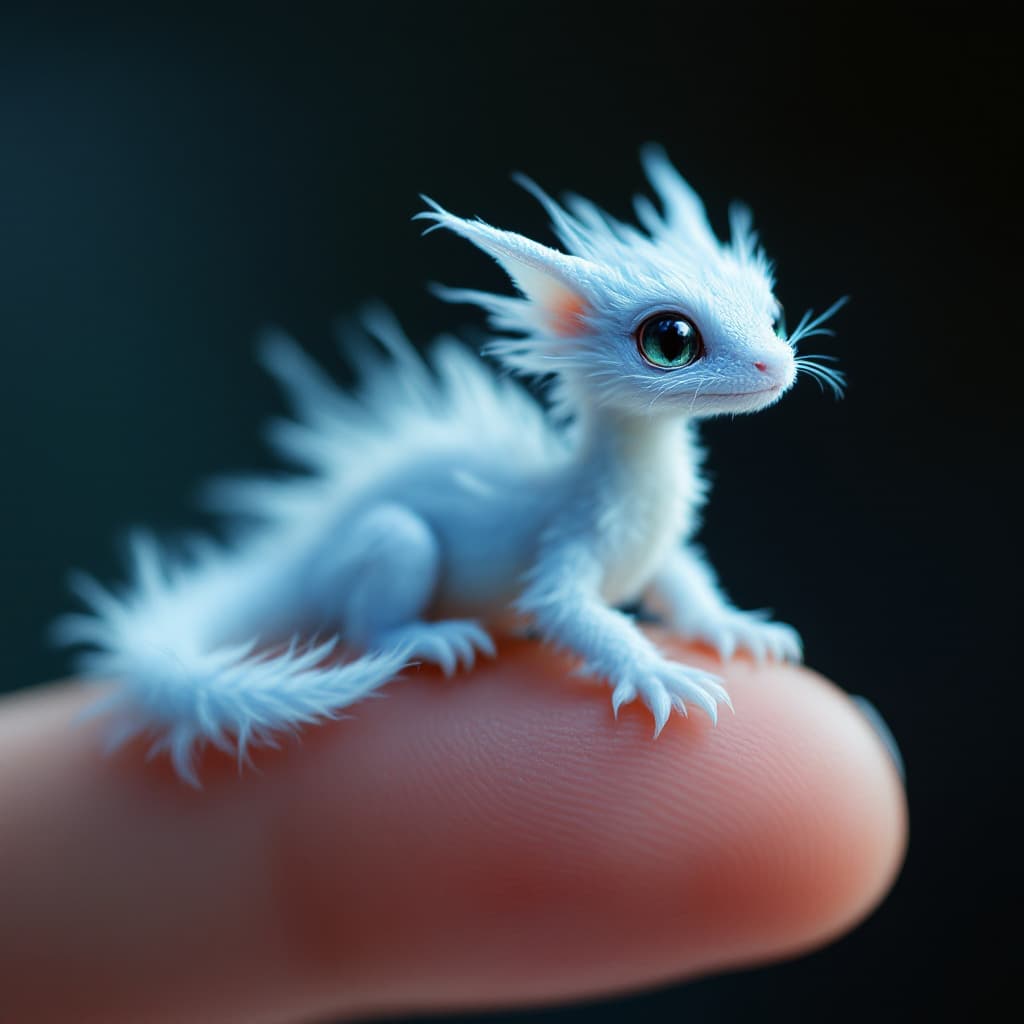 AI generated: a highly detailed creative close-up, photorealistic, featuring a finger size tiny white light blue d...