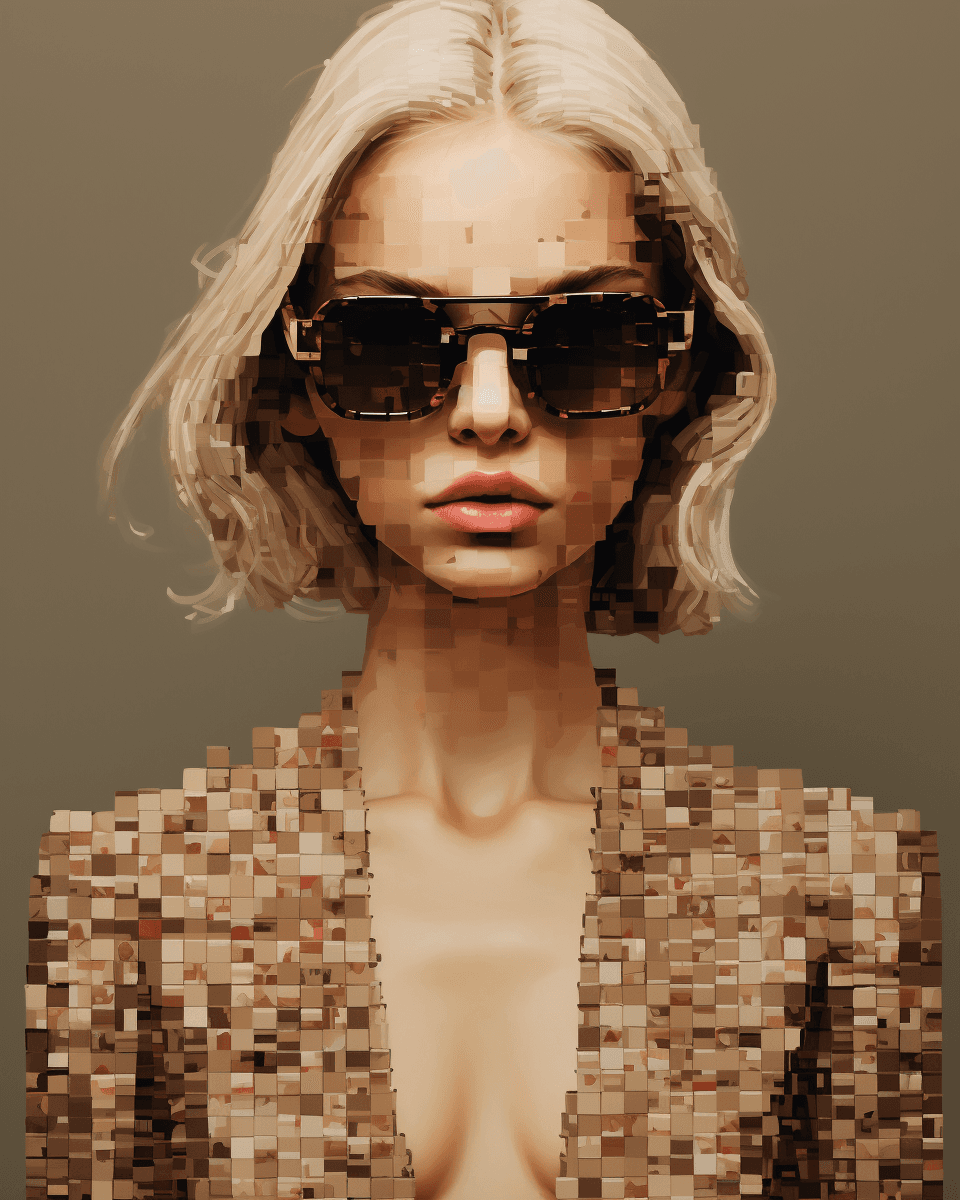 AI generated: broken pixels portrait, vogue aesthetic, gucci style. beige tones, skinny, --ar 4:5