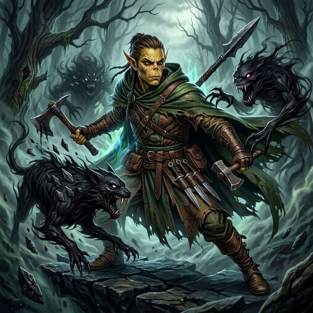 AI generated: a githzerai ranger fighting off scary shadow beasts in a dark foggy haunted forest