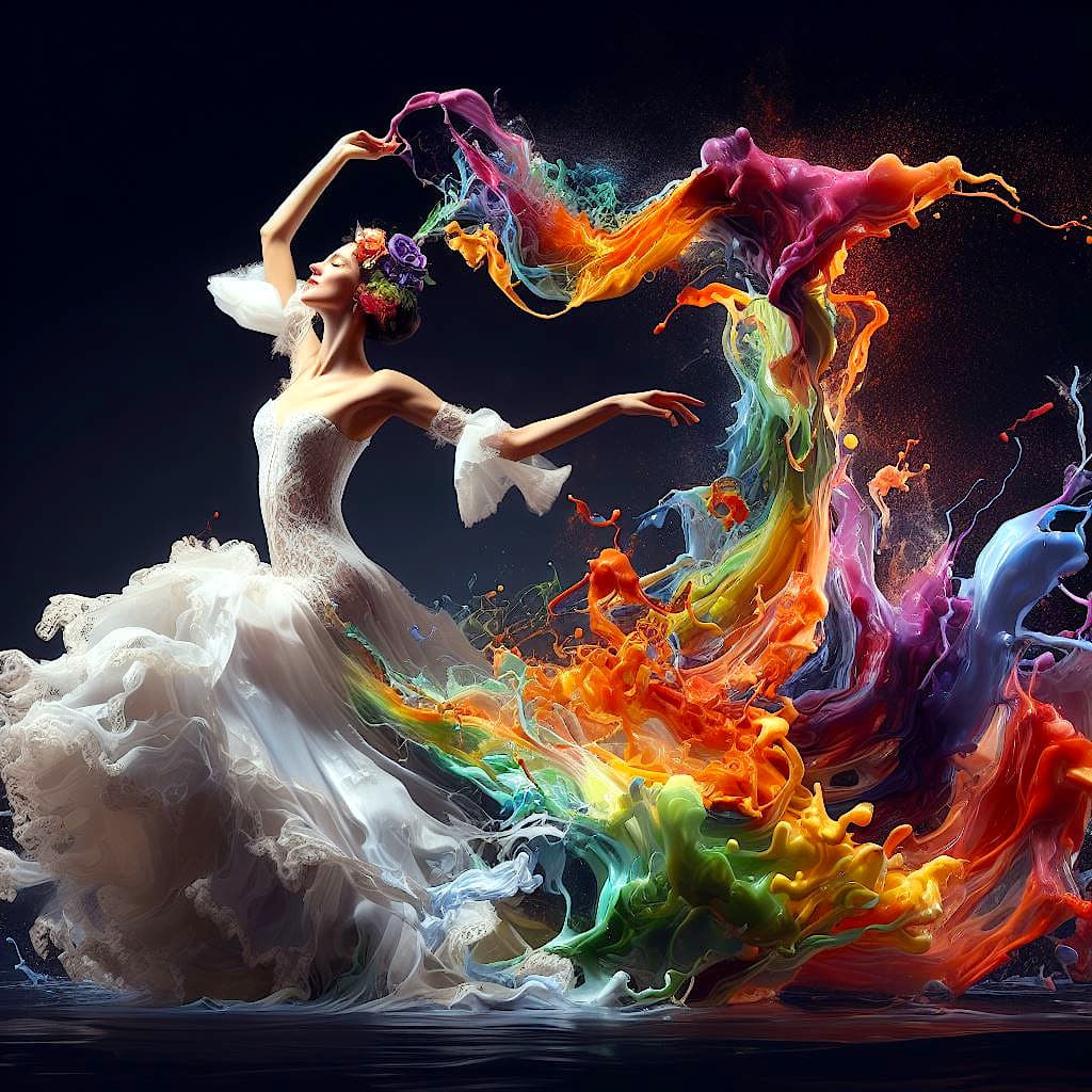 AI generated: A Flamenco dancer with a long flowing dress dissolving into colorful liquid oil, blowing in the wind...