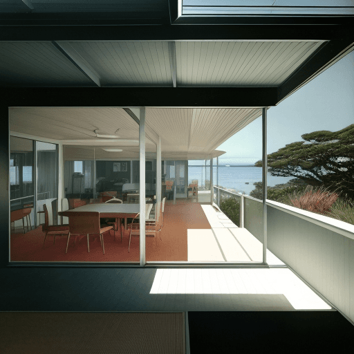 AI generated: Hyper realistic eye level exterior photo of a mid century modern style house overlooking the ocean, ...