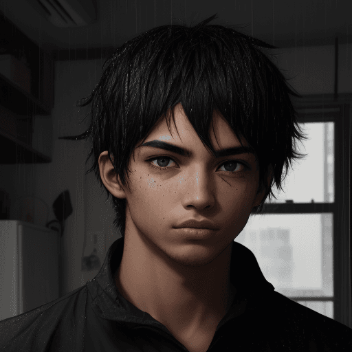 AI generated: Male, Black eyes, In a messy apartment, Rainy outside, Afternoon.