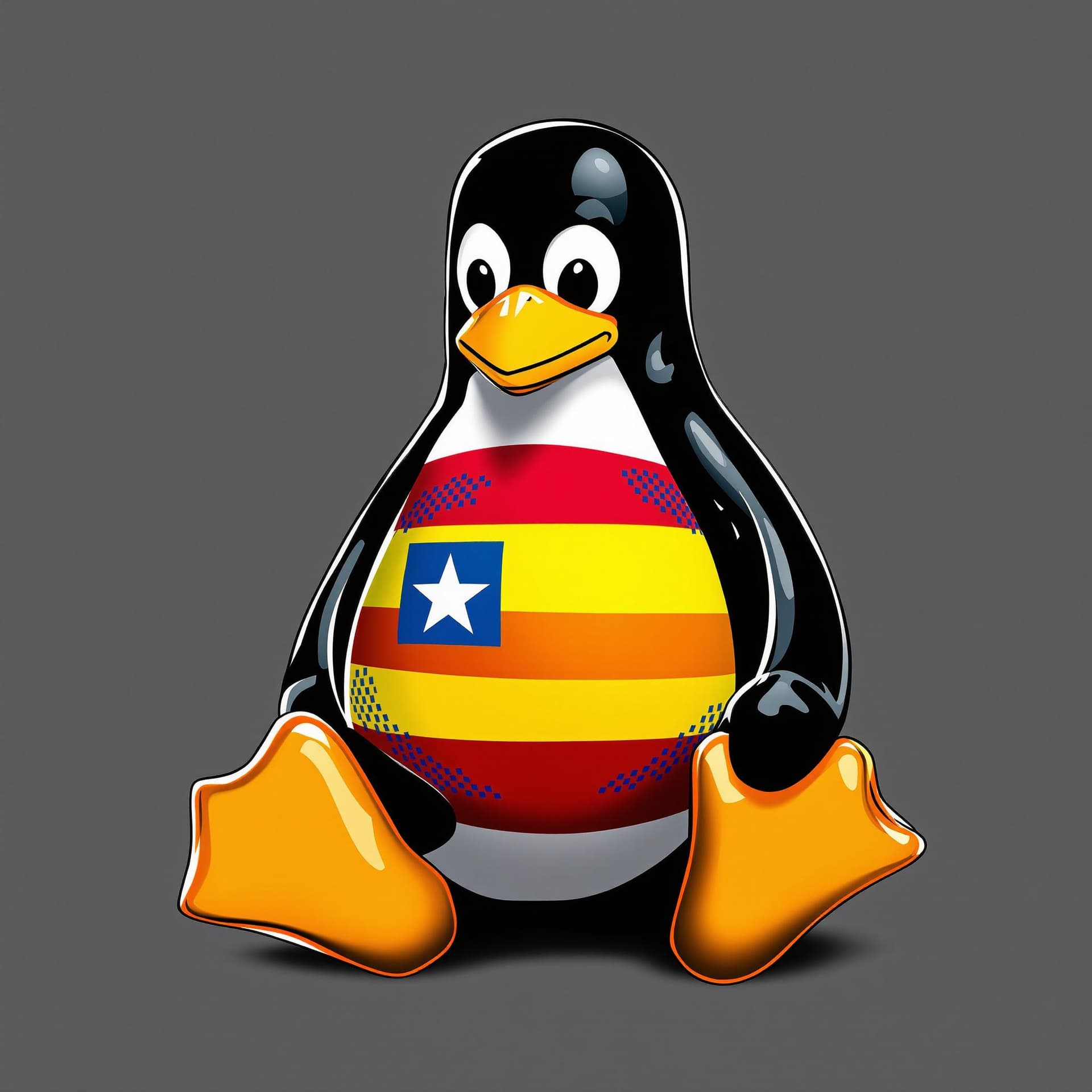 AI generated: linux tux with catalan flag on the belly without any effect and transparent background