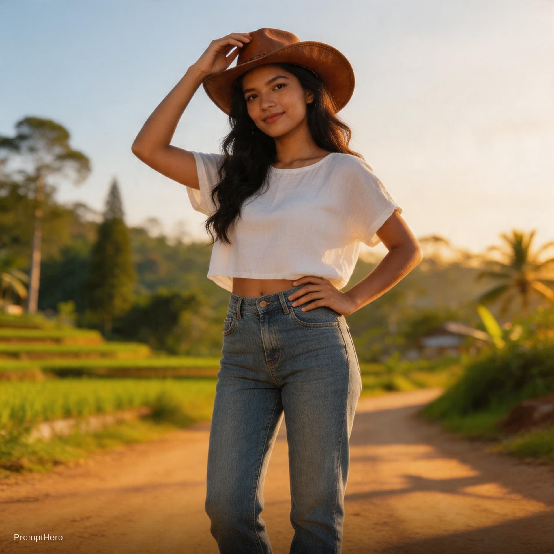 AI generated: A cinematic, photorealistic full-body portrait of a young Indonesian woman with a slim, naturally to...
