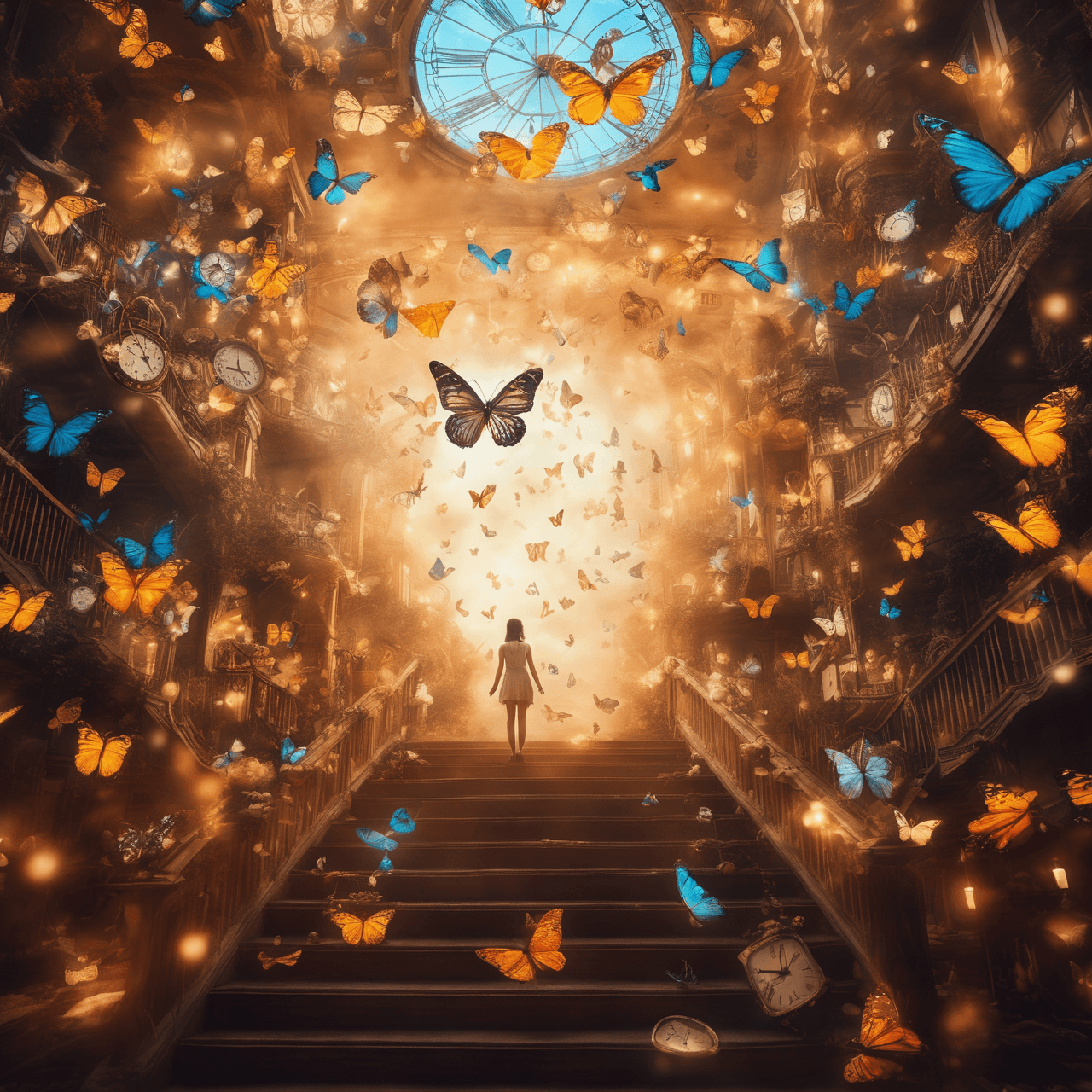 AI generated: A surreal 27-year-old dreamer, with butterfly wings emerging from their back, floats in mid-air amid...