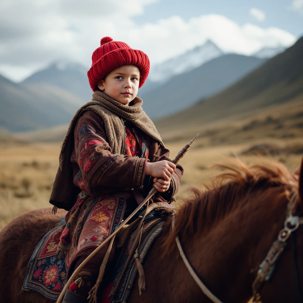 AI generated: a boy of 2-4 years old riding a horse in Kyrgyz national clothes holding a bow in his hand