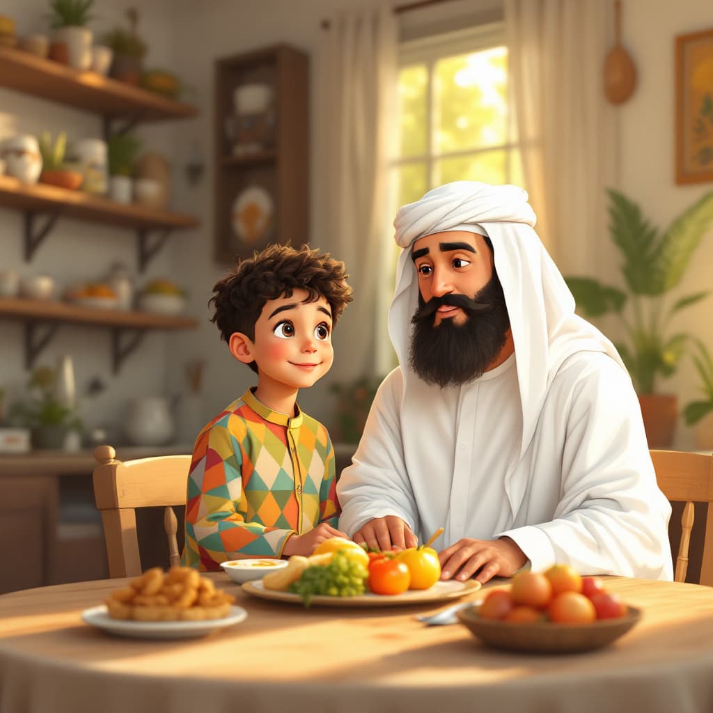 AI generated: 2D illustartion 
 pixart style . 5-year-old Muslim boy dressed in colorful qamis with symmetrical, w...