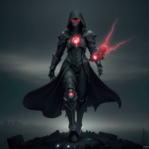 AI generated: Create an image of a mechanized warlock in a dystopian city. The figure is clad in dark robes with a...
