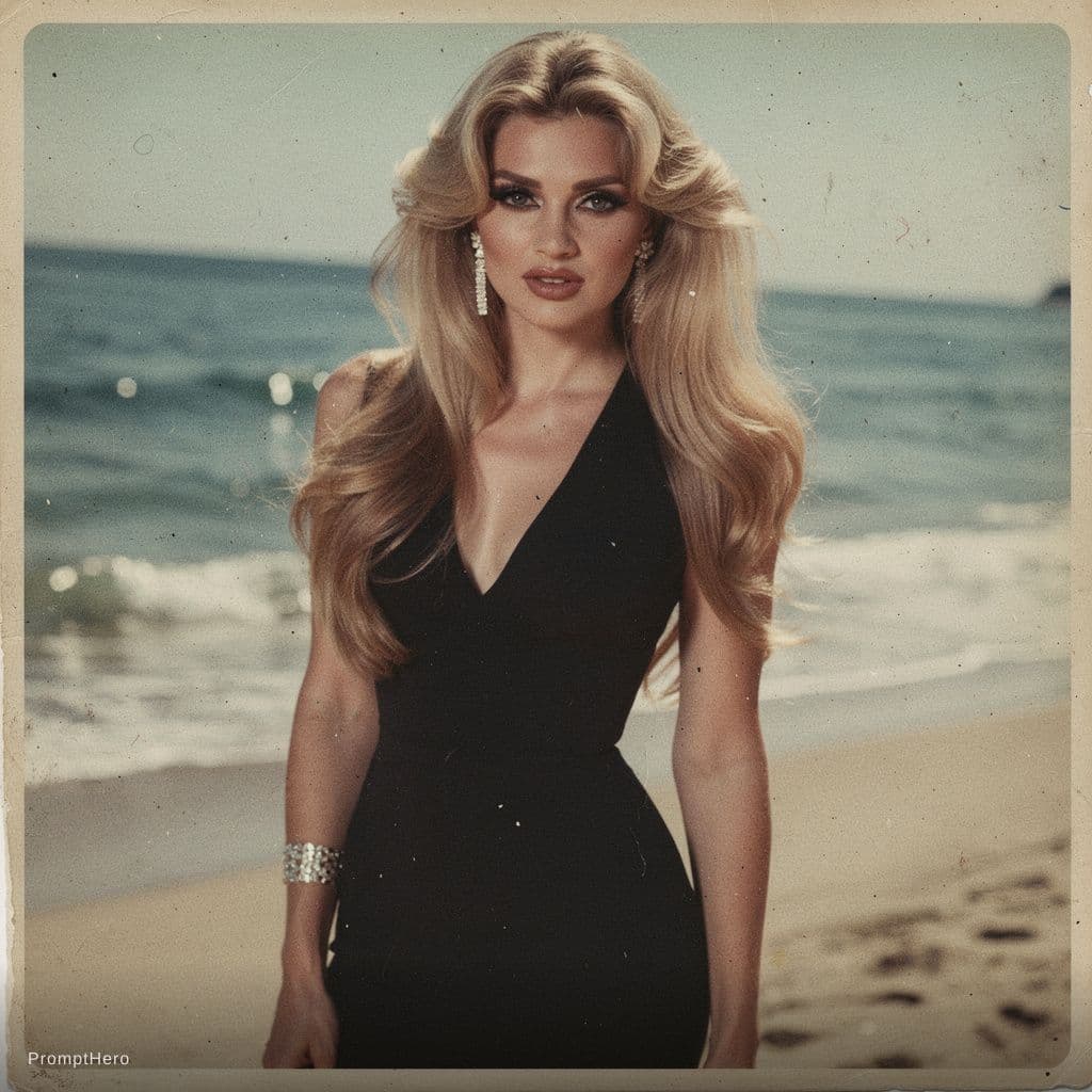 AI generated: a woman in a black dress posing for a picture, italian beach scene, small blond goatee, eighties loo...