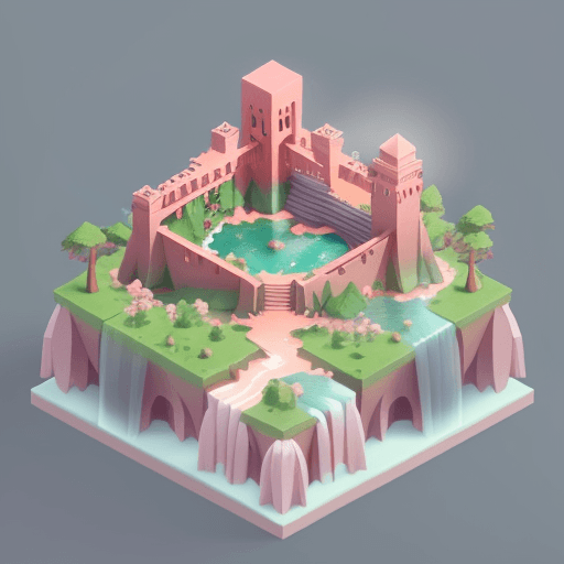 AI generated: a cute little matte low poly isometric cherry blossom forest island, pink waterfalls, mist, lat ligh...