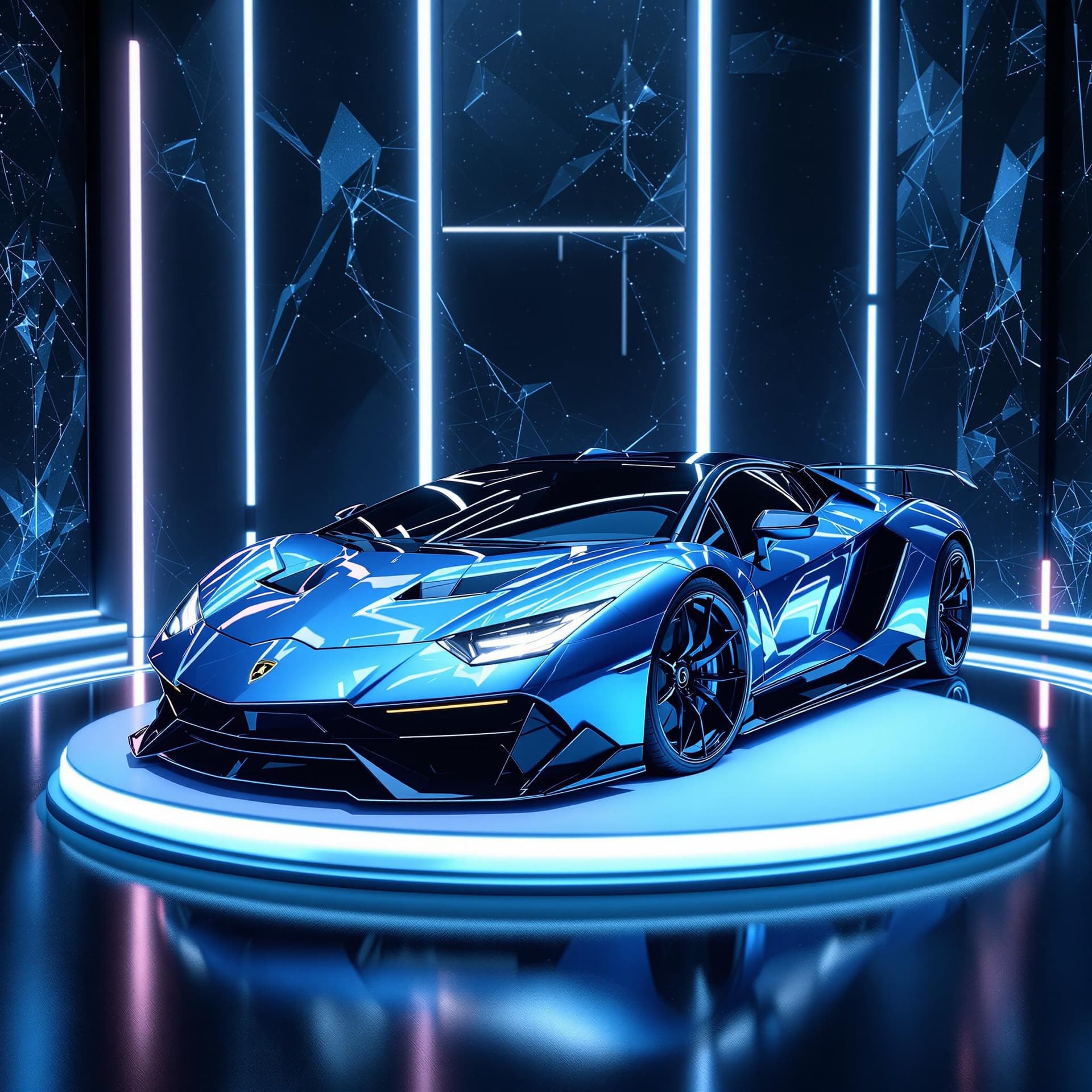 AI generated: a realistic futuristic shiny metallic ice blue lamborghini on a led podium and dark abstract backgro...