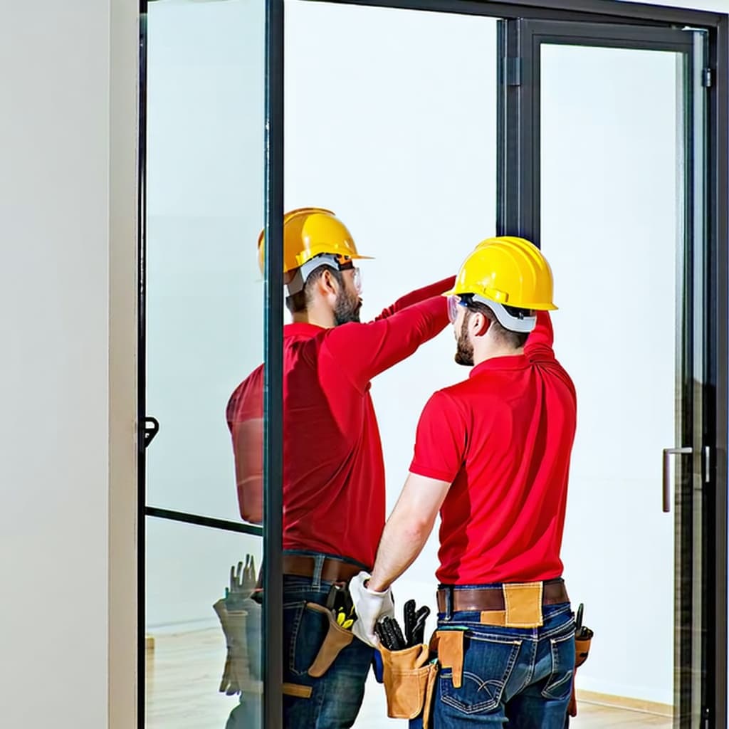 AI generated: A picture of two man wearing red shirt and hard hat while installing a glass door