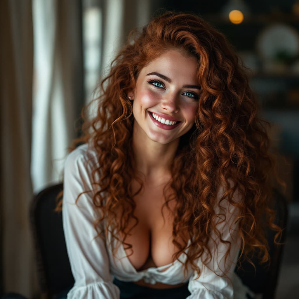AI generated: HDR photo of woman, spiral curls, long auburn hair, (freckles:0.6), beautiful low cut blouse, long s...