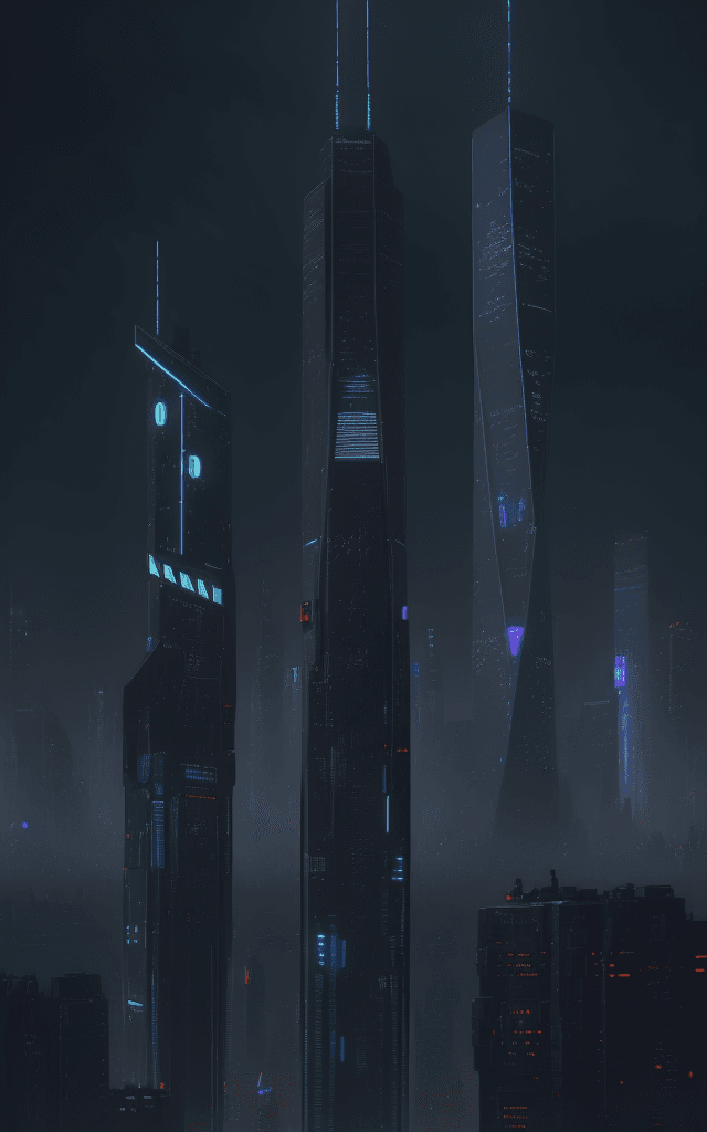 AI generated: futuristic nighttime cyberpunk New York City skyline landscape vista photography by Carr Clifton & G...