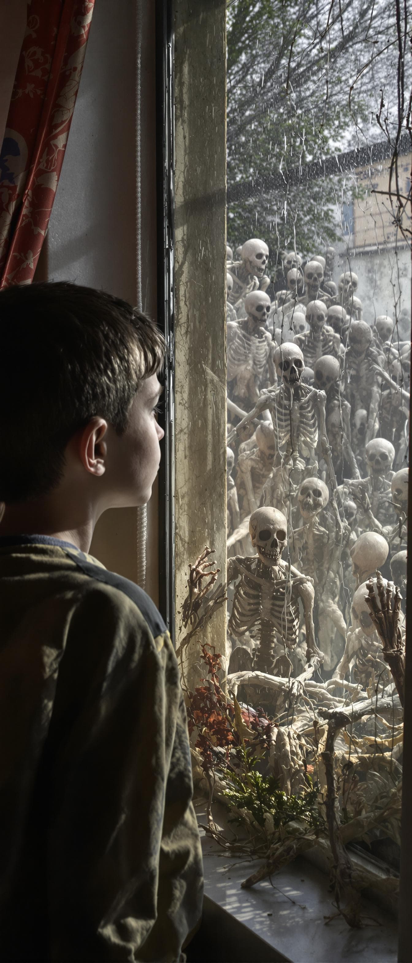 AI generated: A boy looking from a window at daylight and sees many walking dead people . Their body are fleshy or...