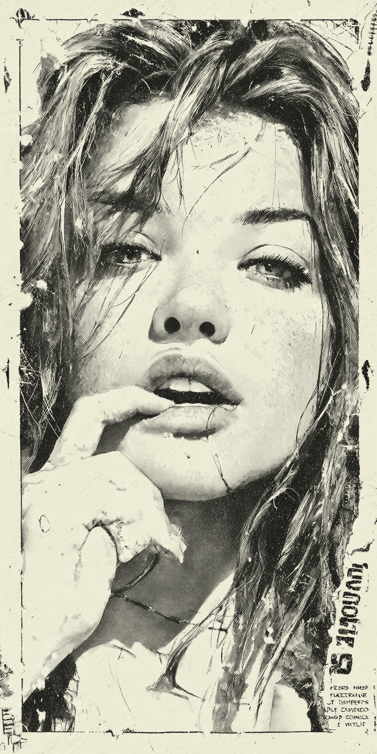 AI generated: vintage distressed poster style, pencil sketch of a woman on beige paper, vintage look, white border...