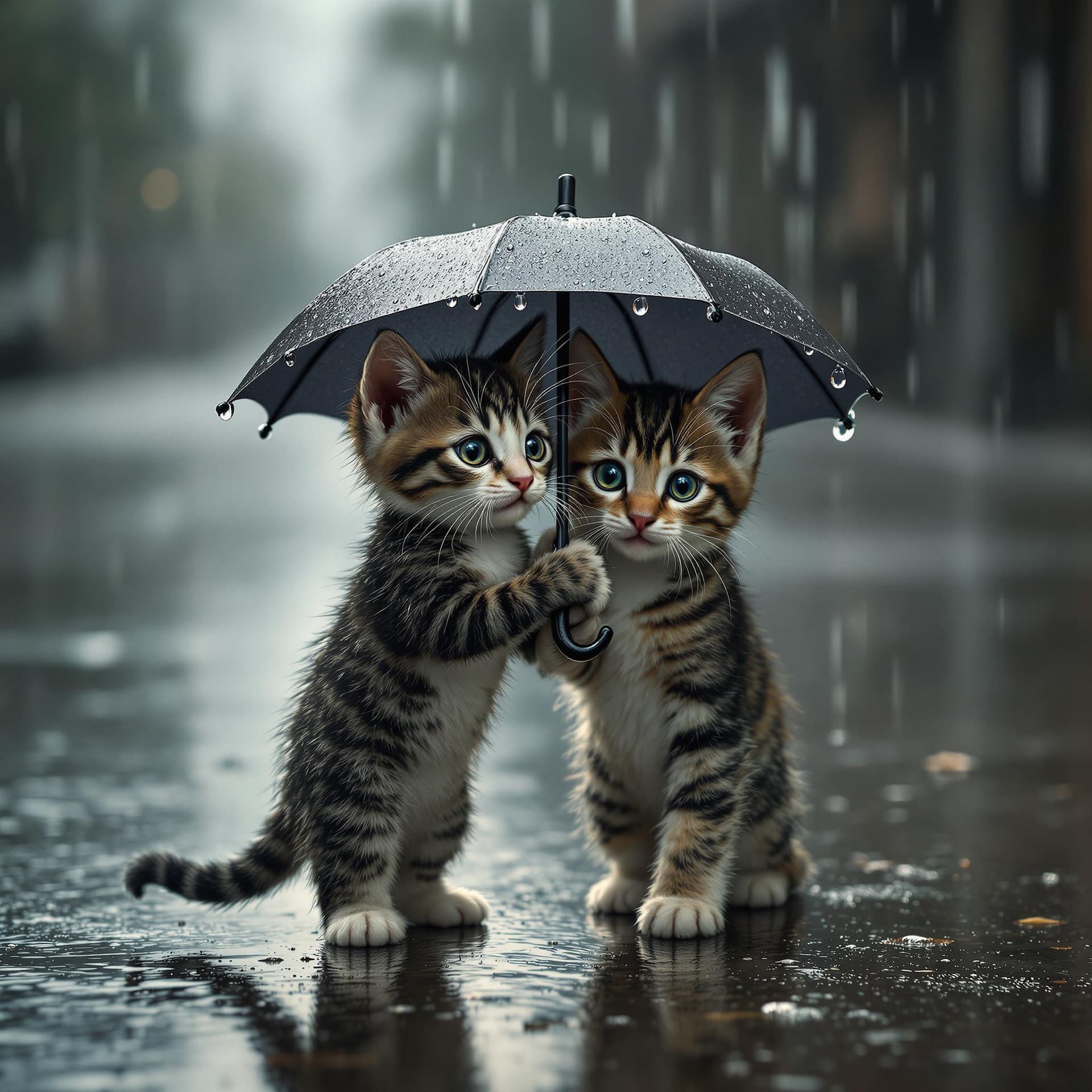 AI generated: A small, black-and-white spotted kitten walks alone in the rain, its fragile body drenched as water ...