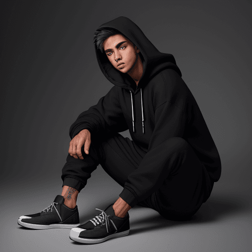AI generated: capturing a model, man wearing basic hoodie, matte black, dark grey cargo jogger pant, skate shoes, ...