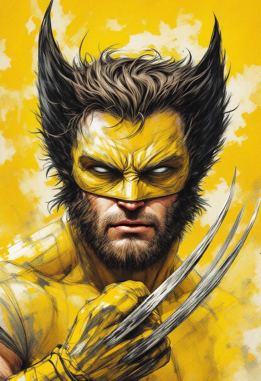 AI generated: Portrait of Wolverine, masked, in yellow, showing his claws as weapons. Art Nouveau, Neo-Impressioni...