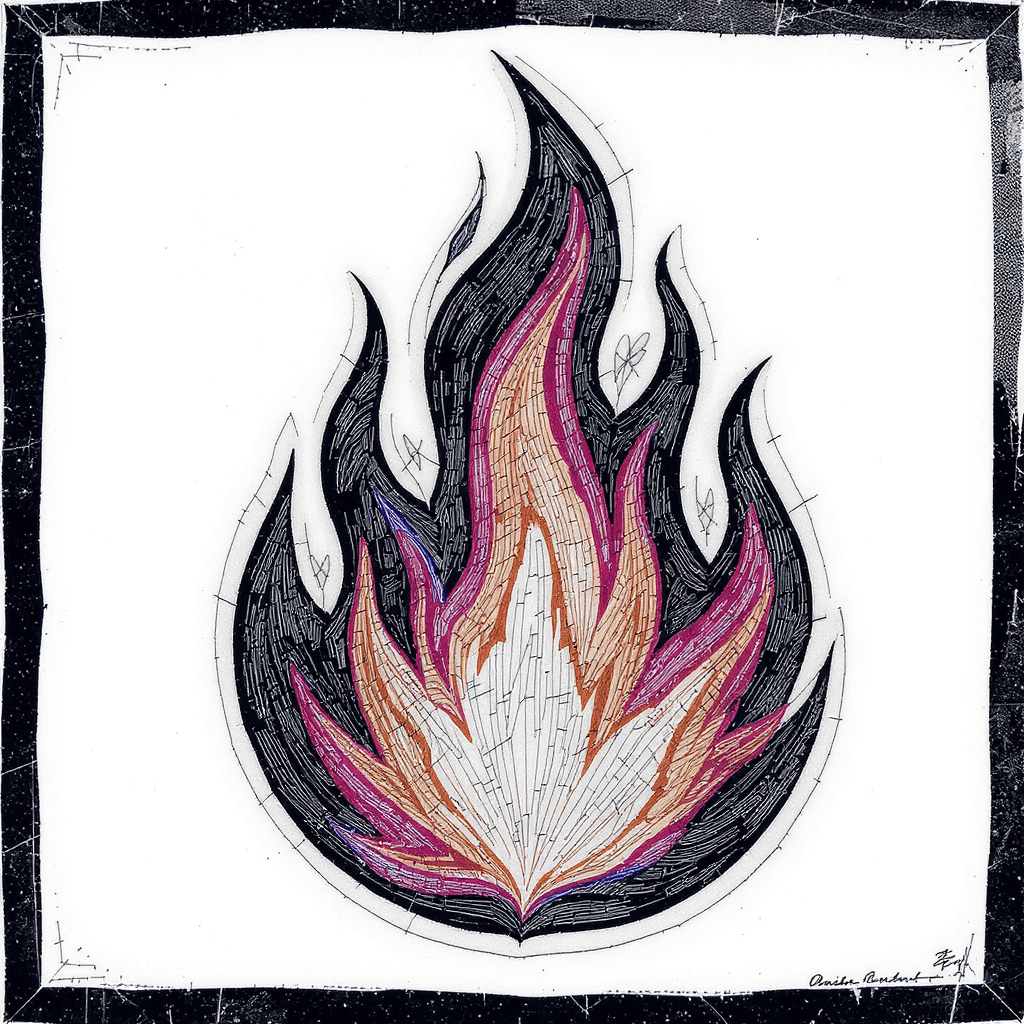 AI generated: Flat coloured flame jagged edges and straight lines rough flame shape almost if as I Lino cut. black...