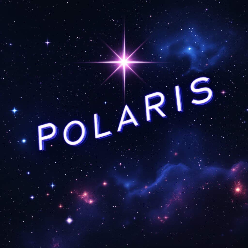 AI generated: word POLARIS in space under the bright star, space on background, holographic letters, ultra realist...