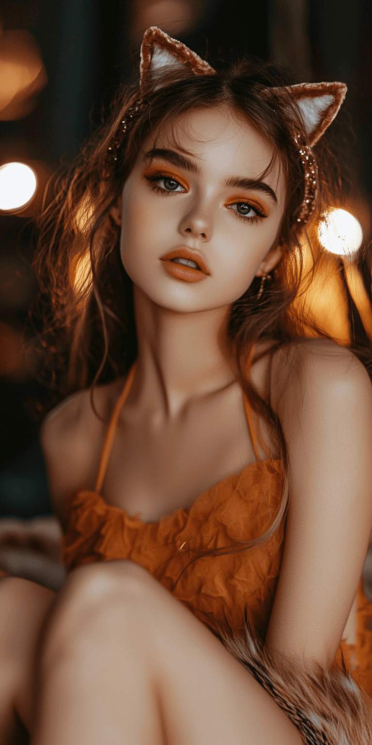 AI generated: cute girl posing in fox ears and an orange dress, magical fantasy cosplay, a luxurious medieval cost...