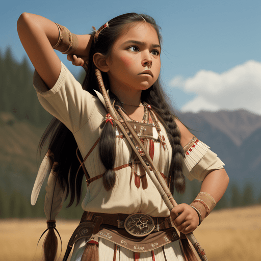 AI generated: A young American Indian princess holds a bow in her hand and aims, there are small tomahawks on her ...