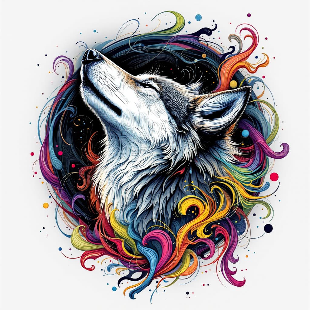 AI generated: realistic portrait of a howling grey wolf, surrounded by swirling lines of vibrant colors that form ...