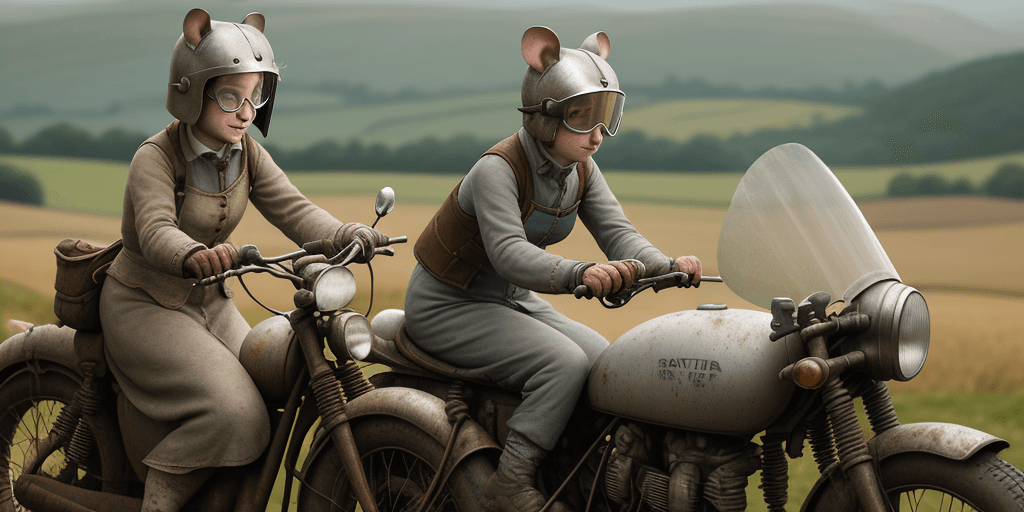 AI generated: cinematic film still award winning photo, style beatrix potter, 2 grey mice, wearing open face crash...