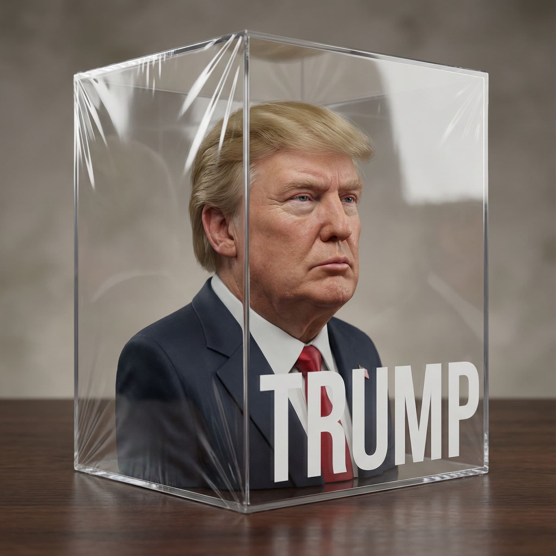 AI generated: Figurine de Donald Trump dans une boîte en plastique transparent avec inscription « Trump » en lettr...
