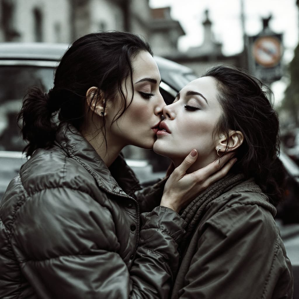 AI generated: Monica Bellucci kissing a Tilda Swinton in cheek on parking in yoga pants, pov: face to camera. Port...