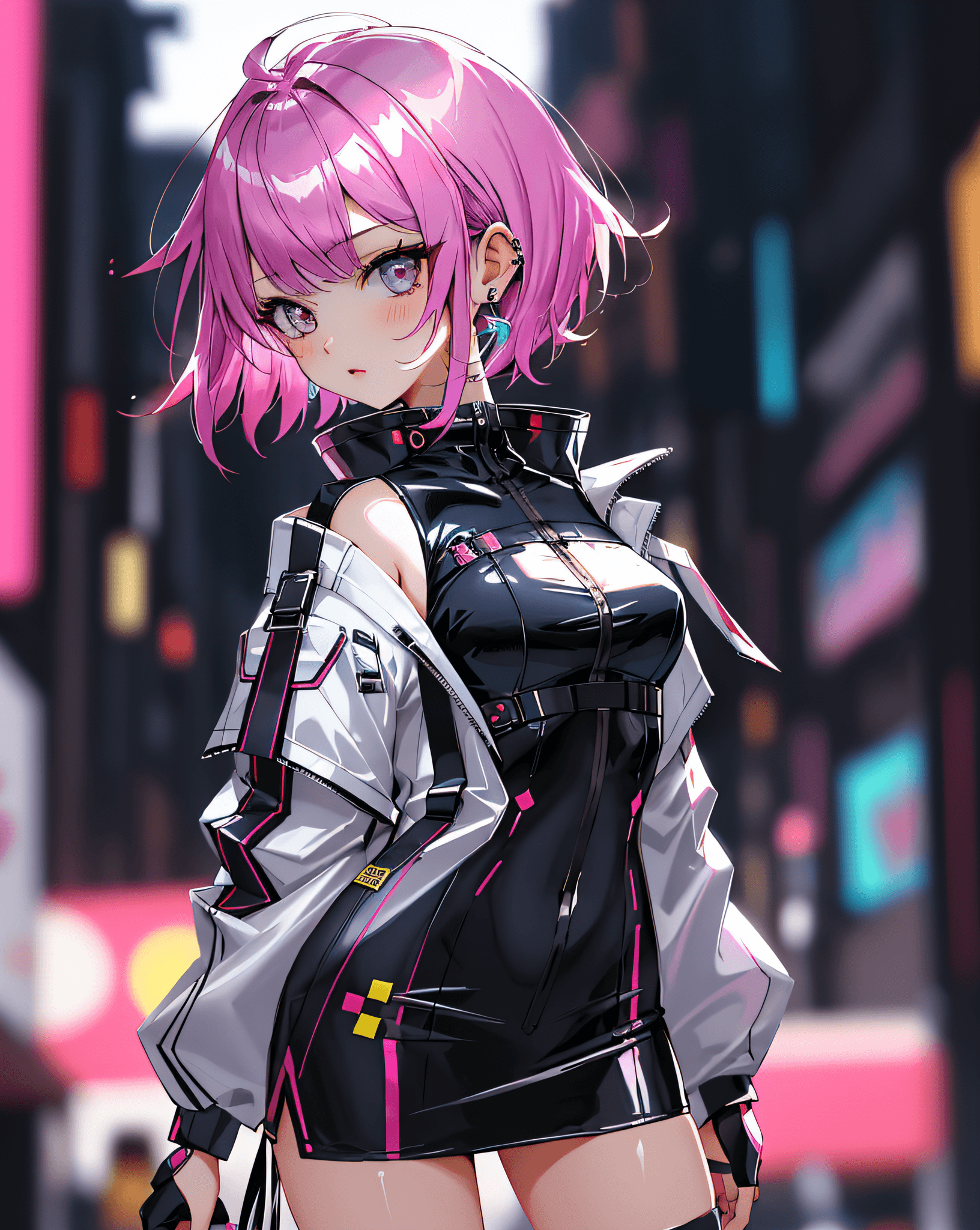 AI generated: best quality, cyber sttyle girl, 1girl, solo, short hair, blurry background,