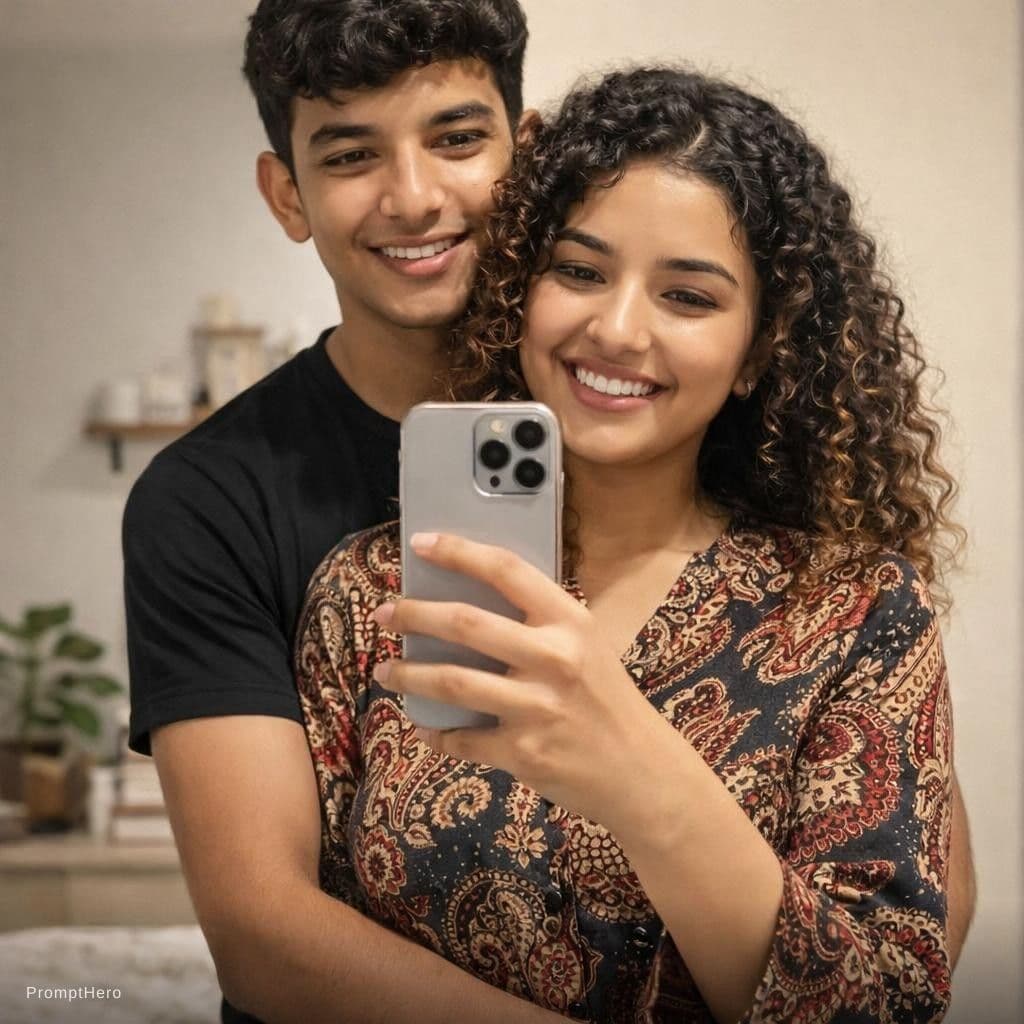 AI generated: A happy young couple standing indoors, taking a mirror selfie together. The man is standing behind t...
