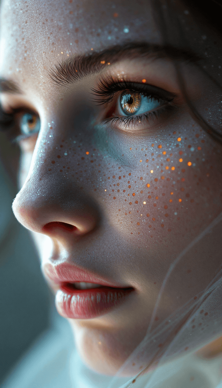 AI generated: close up macro shot, perforated holes in face, white cloth made from fiberoptic cables, depth of fie...
