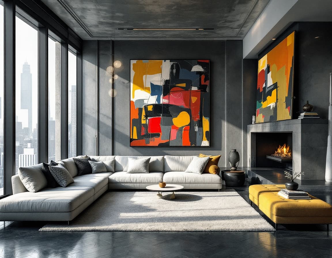 AI generated: salon willen de kooning, expresionismo, interior, brutalismo, brutalismo zen, nueva york, grandes ve...
