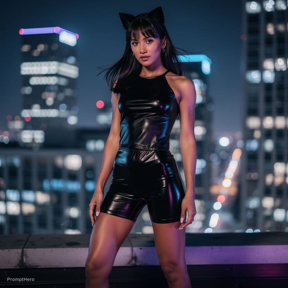 AI generated: A beautiful woman, light dark skin, cat ears, black sport latex short, black latex sport top, full h...