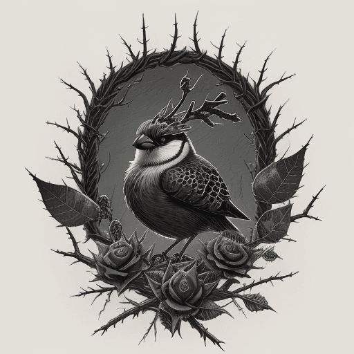 AI generated: illustration of a bird shrike, thorns everywhere, fantasy, dark fantasy style, skulls imapled on tho...