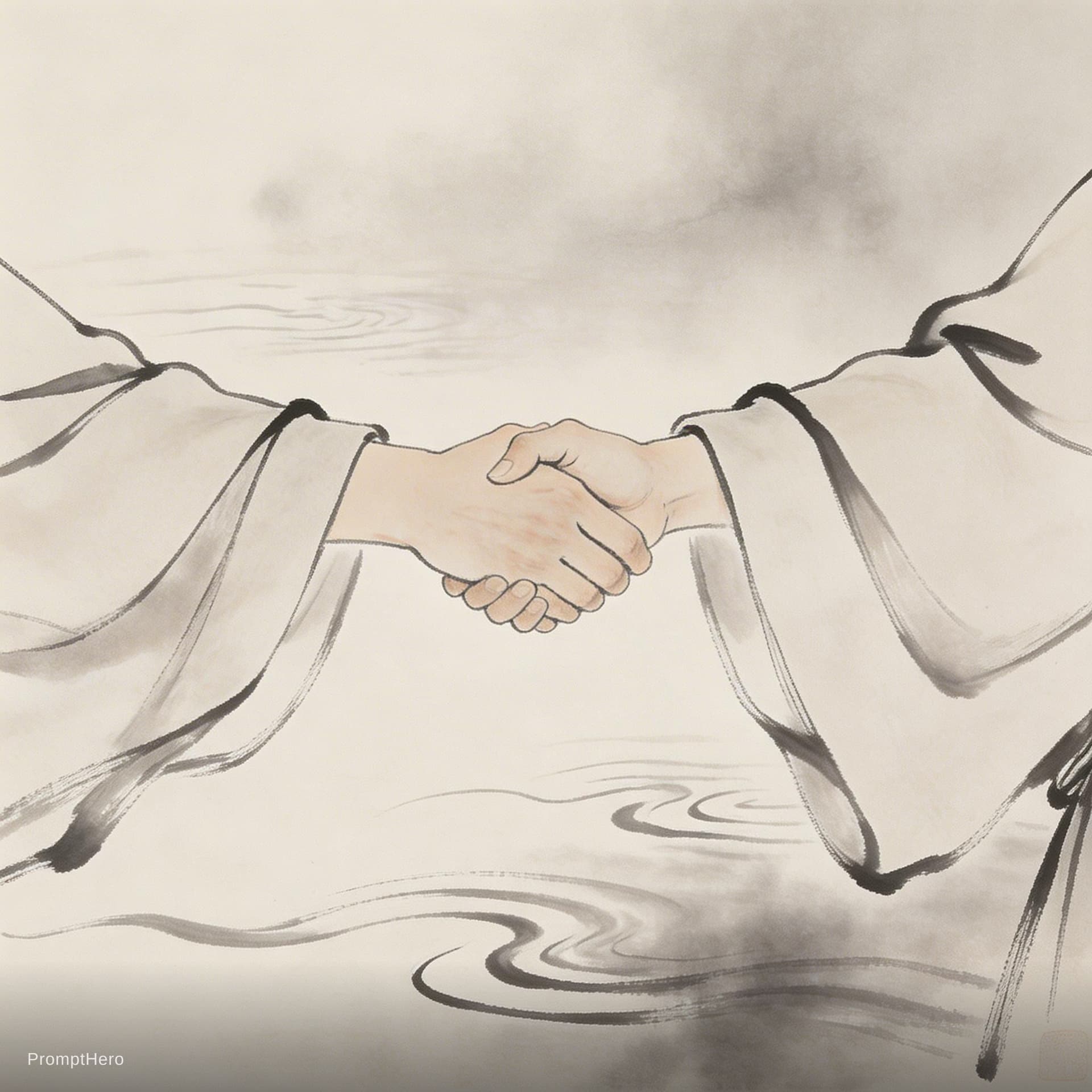 AI generated: Close up of two hands holding tightly, ancient Chinese Hanfu sleeves, ink wash painting style, emoti...