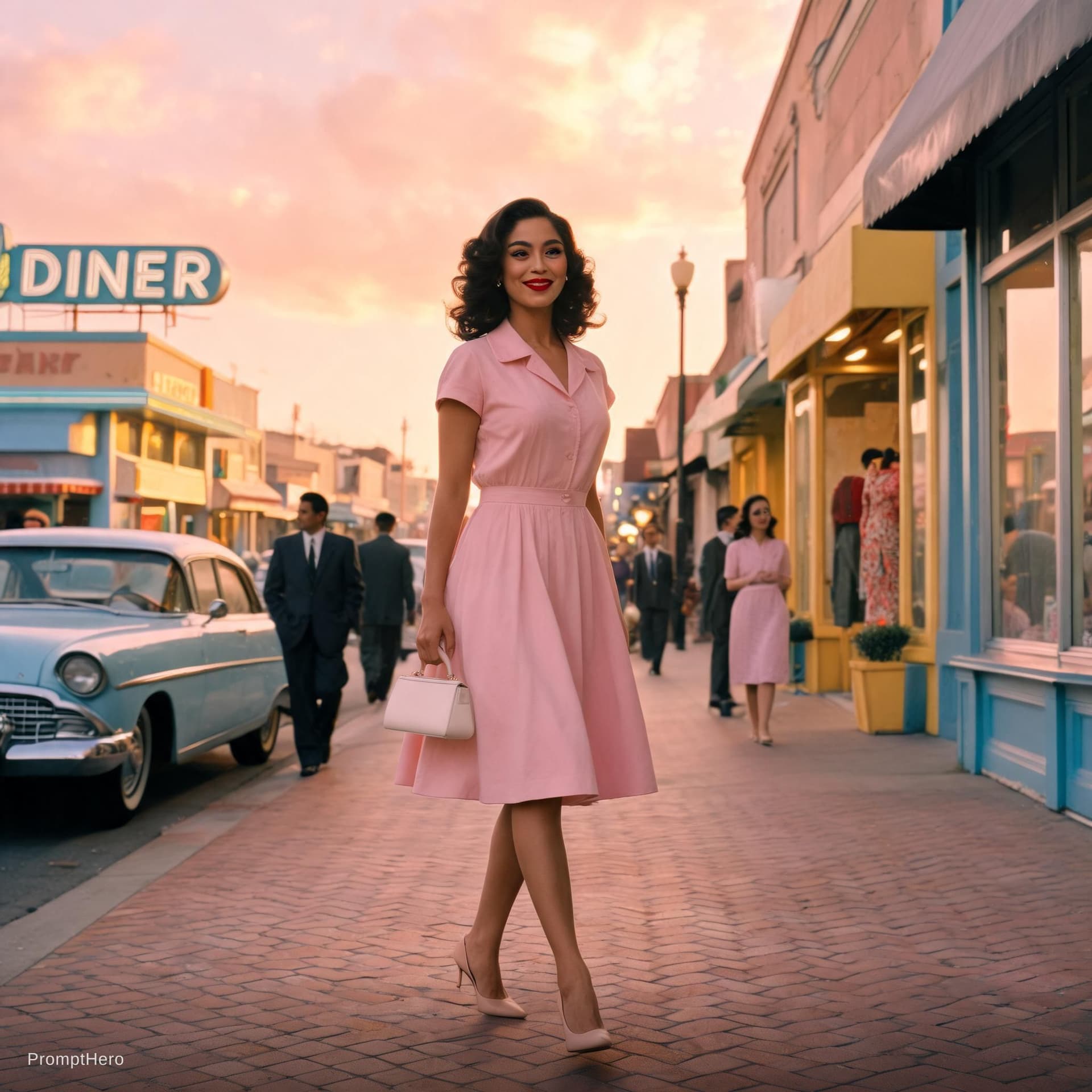 AI generated: A full-length shot of a Latina woman, set in the 1950s or 1960s, walking through the city, with gold...
