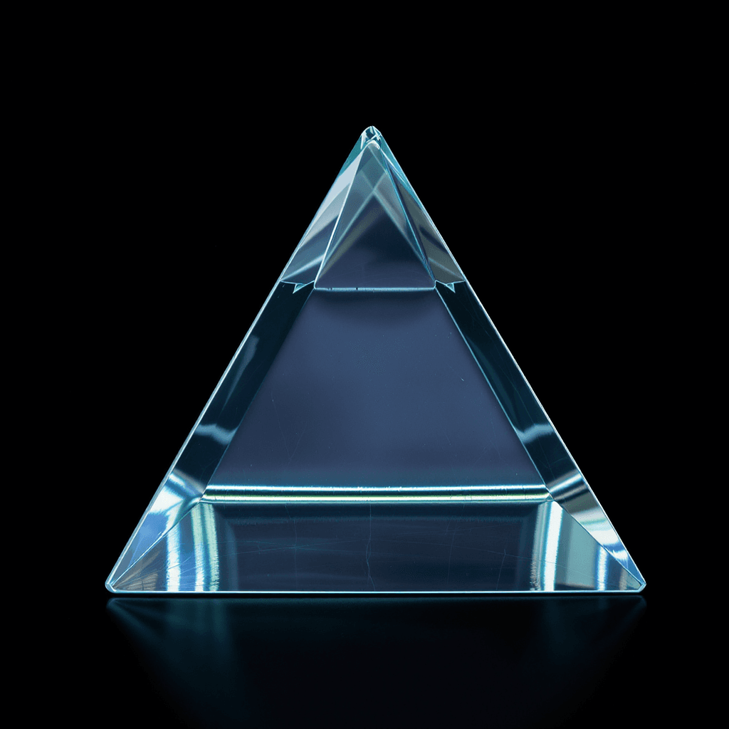 AI generated: realistic, close-up, front shot, transparent gradient cyan glass pyramid, standing upright and perfe...