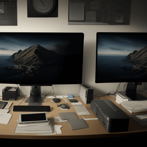 AI generated: A realistic, dramatic image of two computer monitors, one iMac Pro and one other monitor, sitting on...