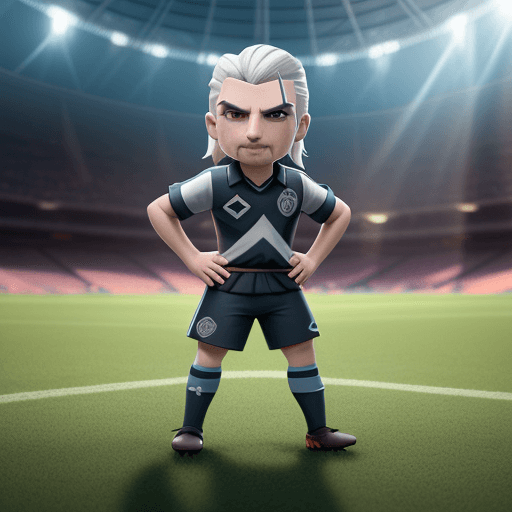 AI generated: Tiny delightful Anthropomorphic Geralt de Riv, soccer outfit, goalkeeper, soccer referee, playing so...