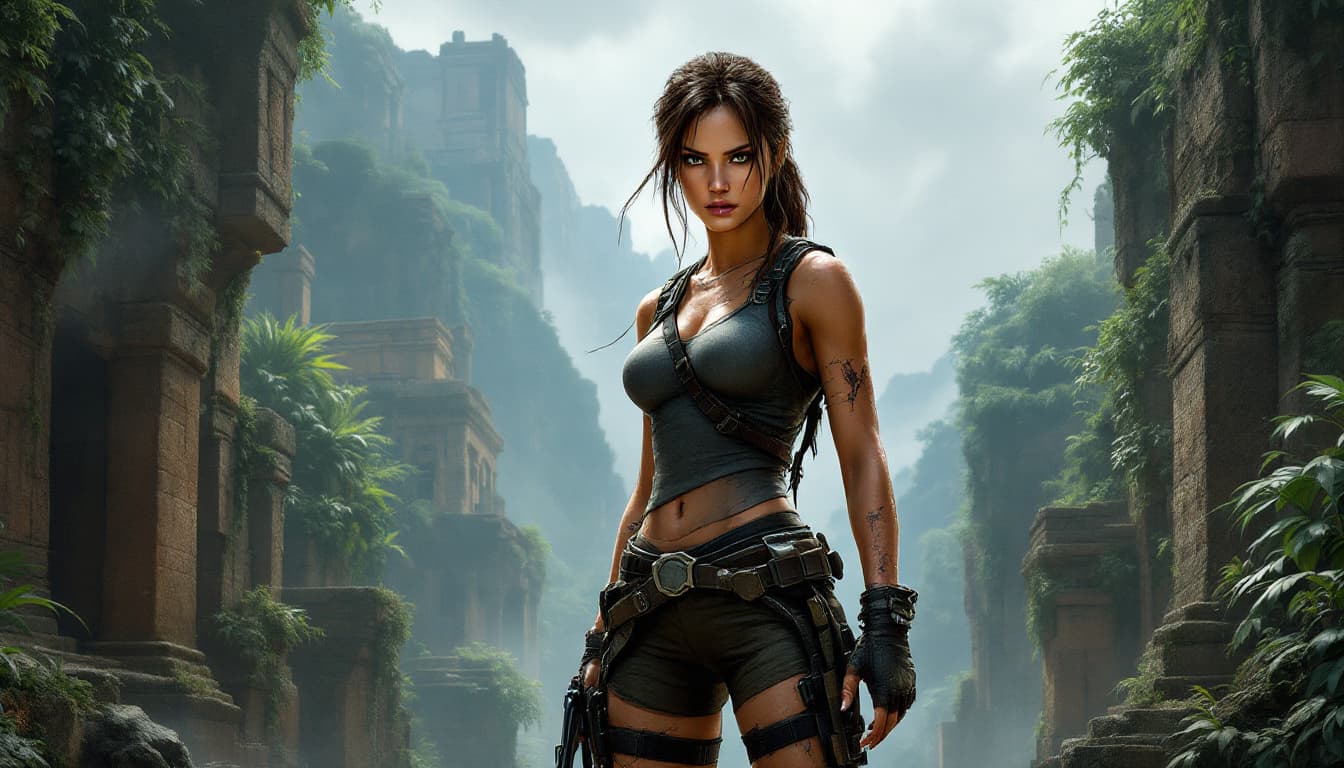 AI generated: High quality photo of Lara Croft, the iconic adventurer from the Tomb Raider series, is a symbol of ...