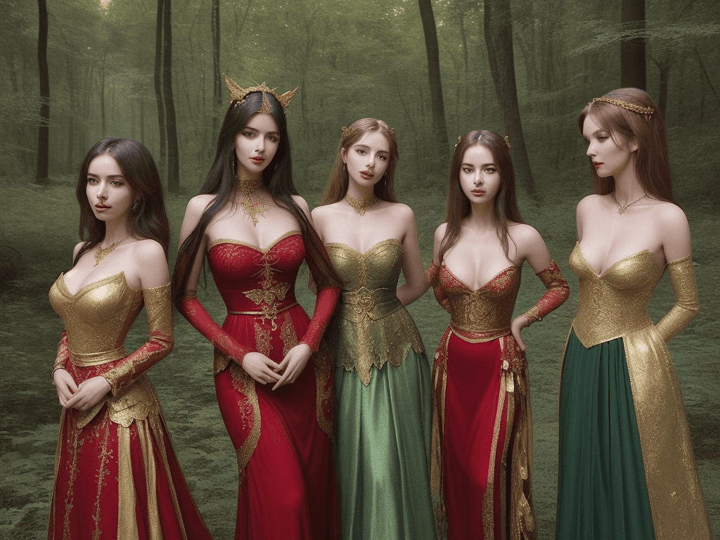 AI generated: a captivating portrait of three lithe stunningly beautiful medium bosomed women, each dressed in ela...