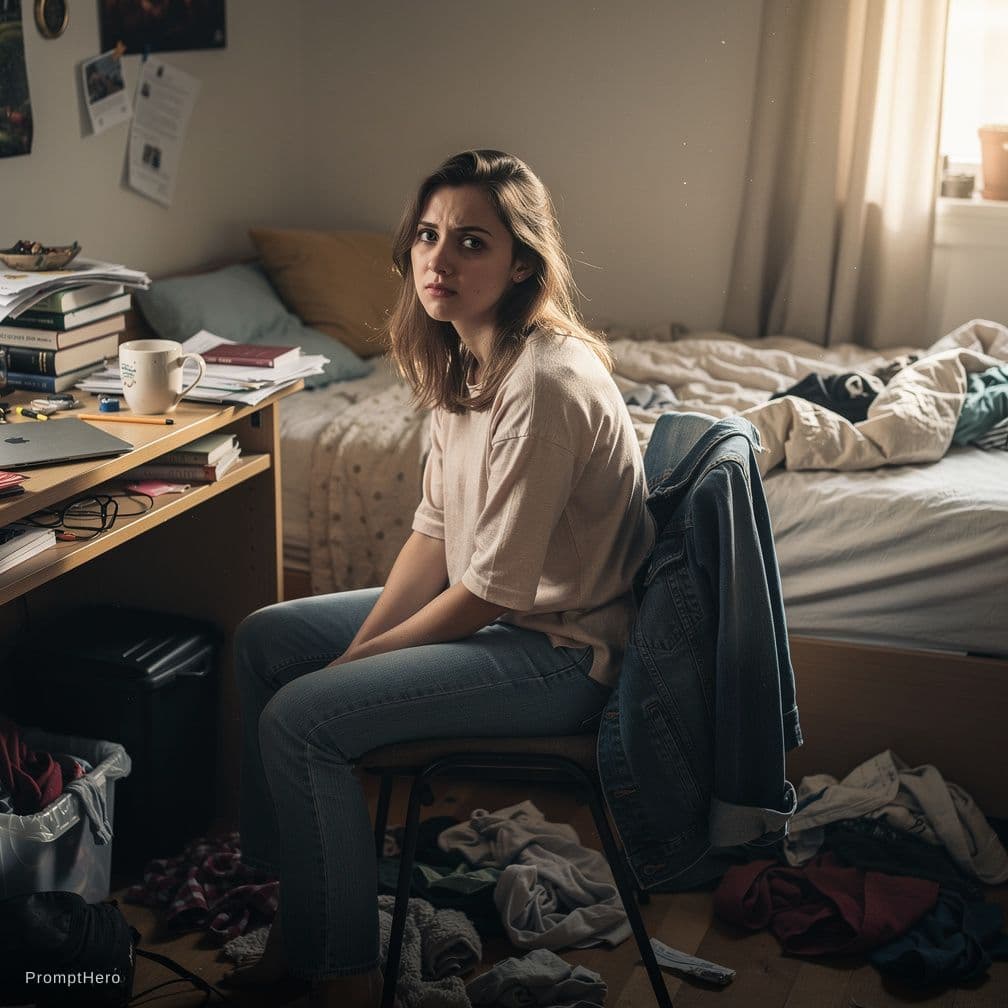 AI generated: Ultra realistic,woman Messy room ans bra 
